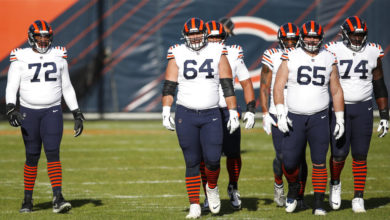 Charles Leno Jr. (72), center Alex Bars (64), center Cody Whitehair (65) and offensive guard Germain Ifedi (74) walk on the field during the first half of an NFL football game against the Houston Texans, Sunday, Dec. 13, 2020, in Chicago.